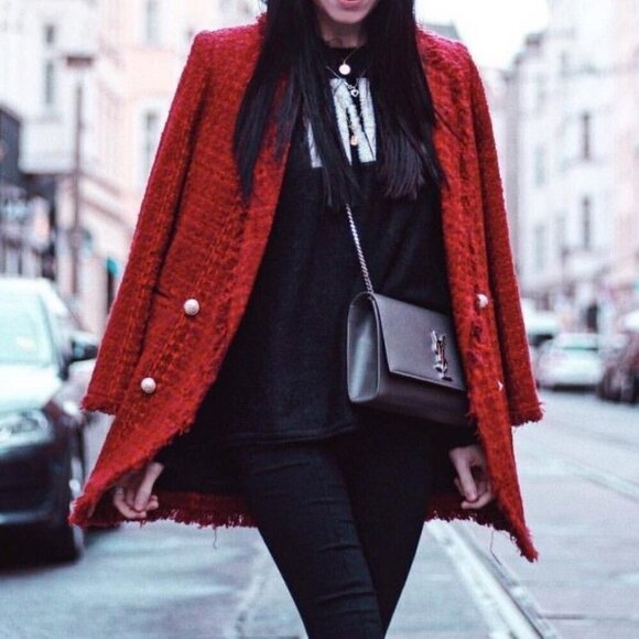 Zara Blogger Favourite Long Tweed Blazer Burgundy - Picture 13 of 14